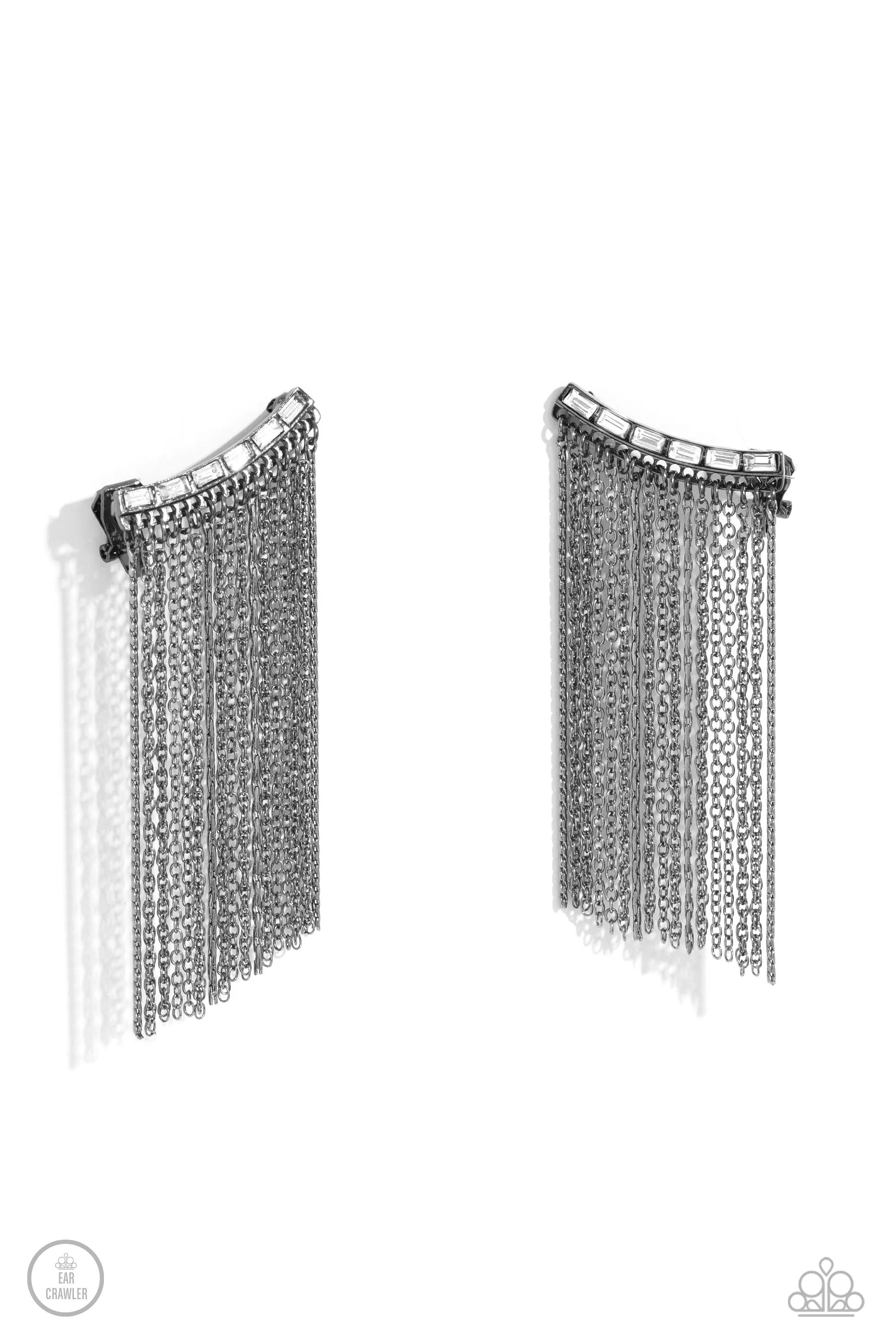 Feuding Fringe - Black - White Gem Gunmetal Chain Paparazzi Ear Crawler Earrings