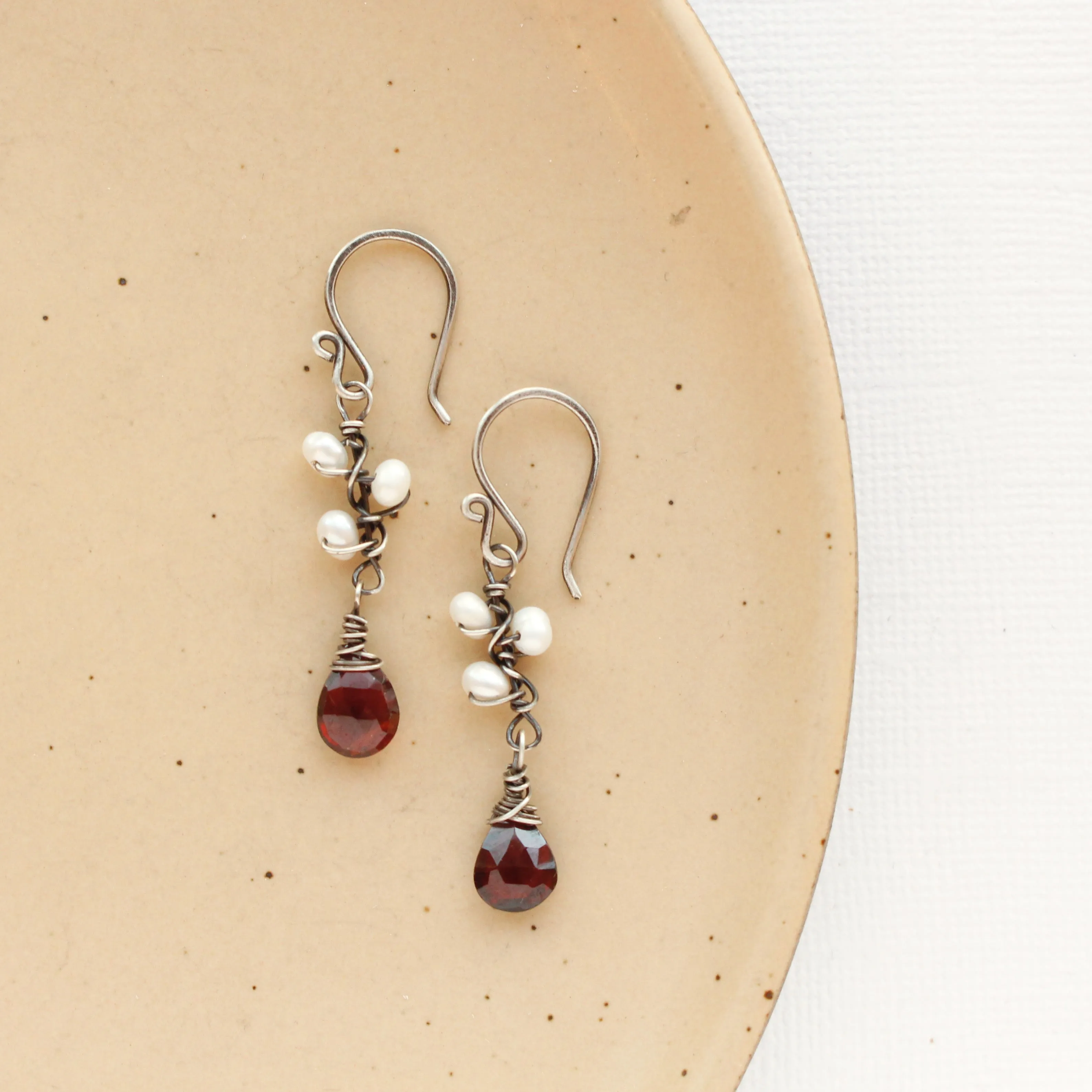 Garnet & Pearl Bud Vine Earrings