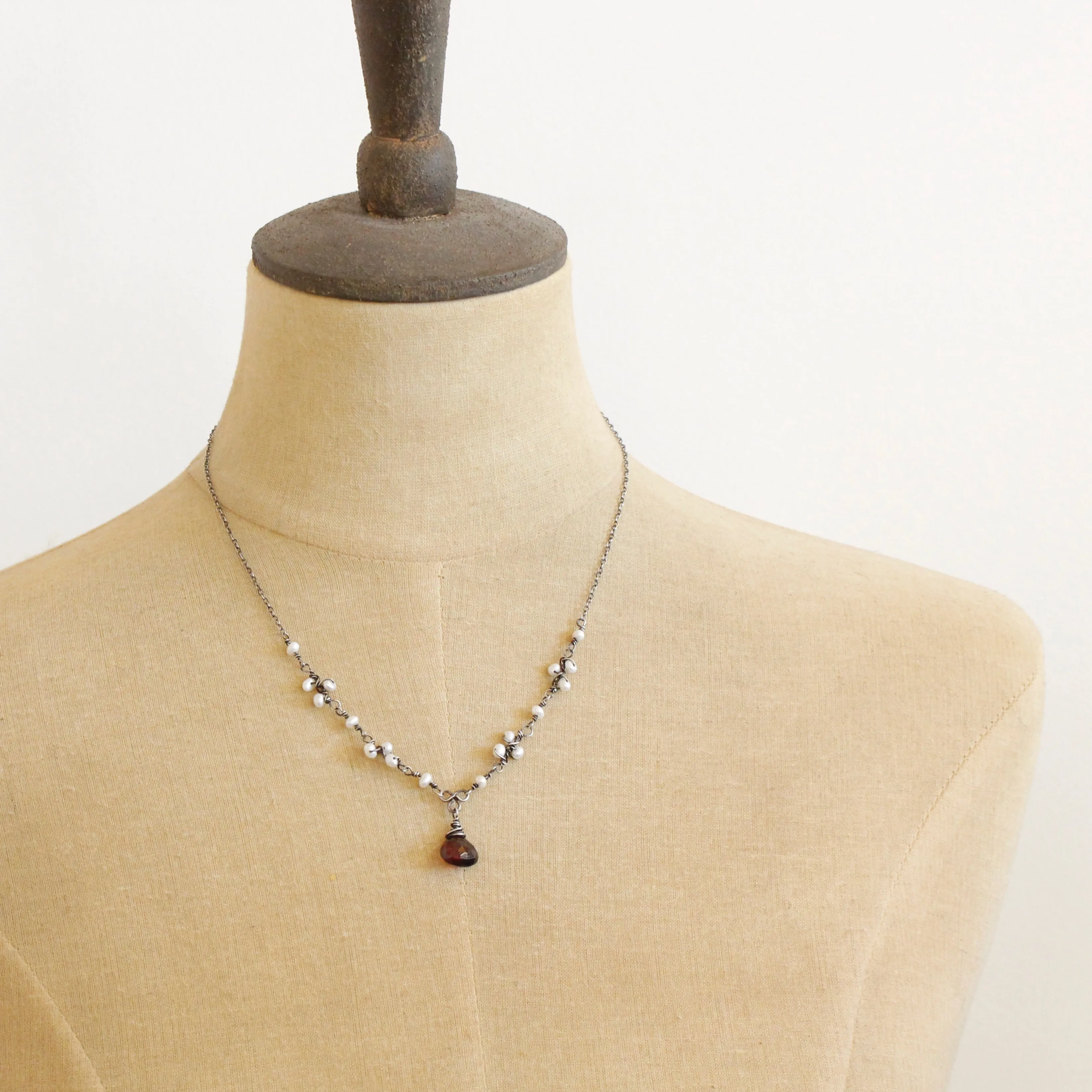 Garnet & Pearl Bud Vine Necklace