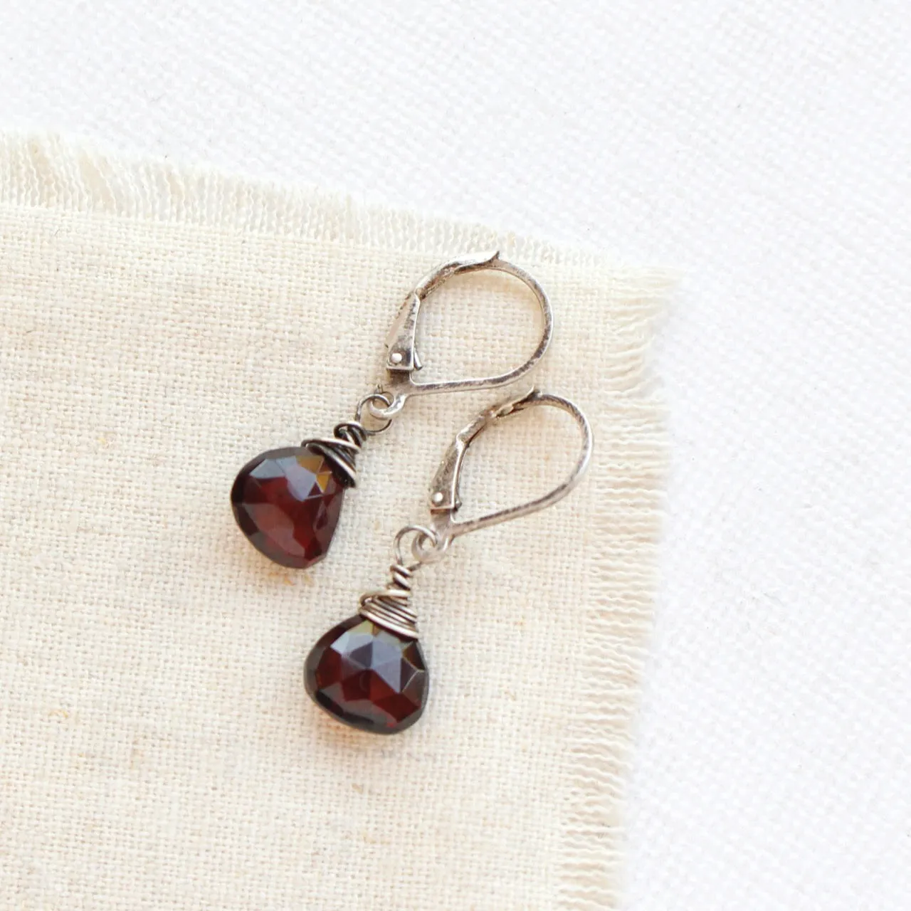 Garnet Drop Oxidized Silver Earrings