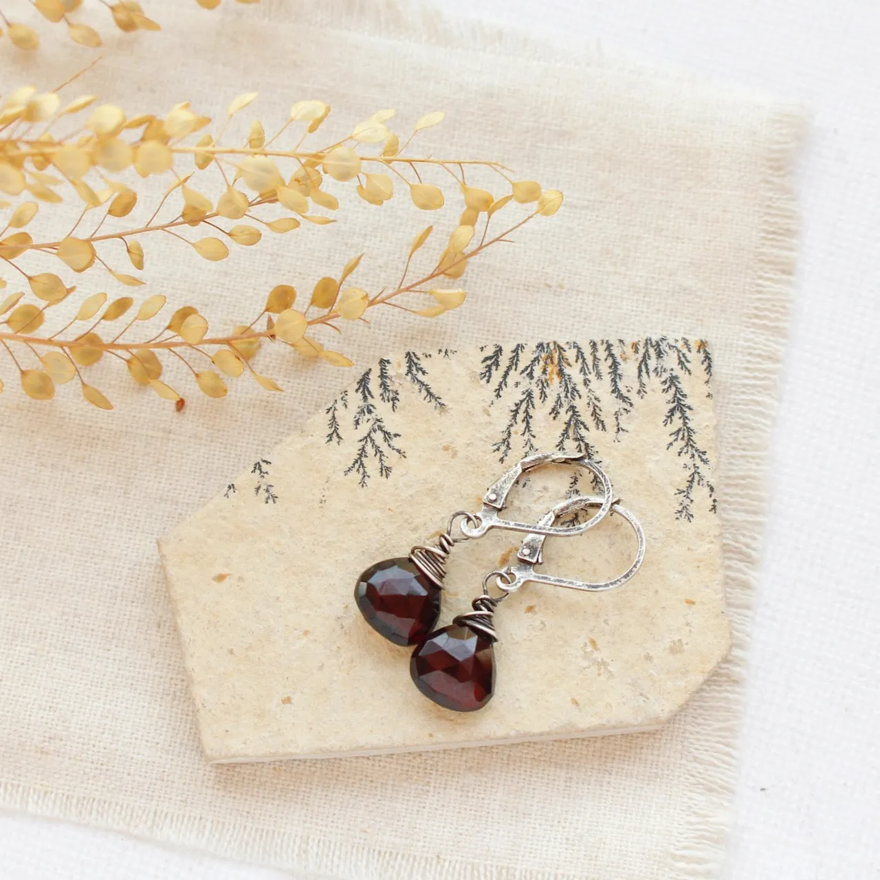 Garnet Drop Oxidized Silver Earrings