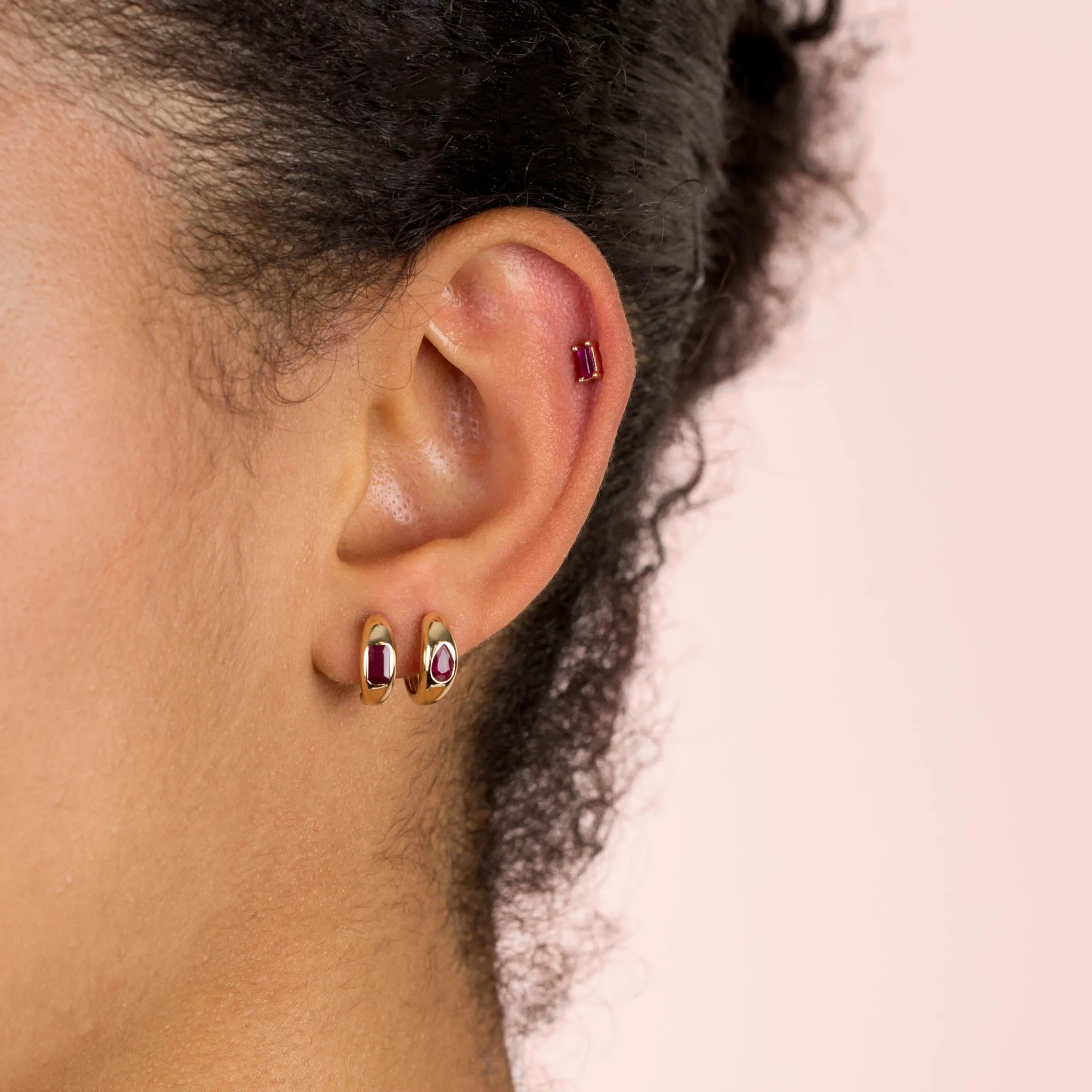 Gemstone Baguette Hollow Dome Huggie Earring 14K
