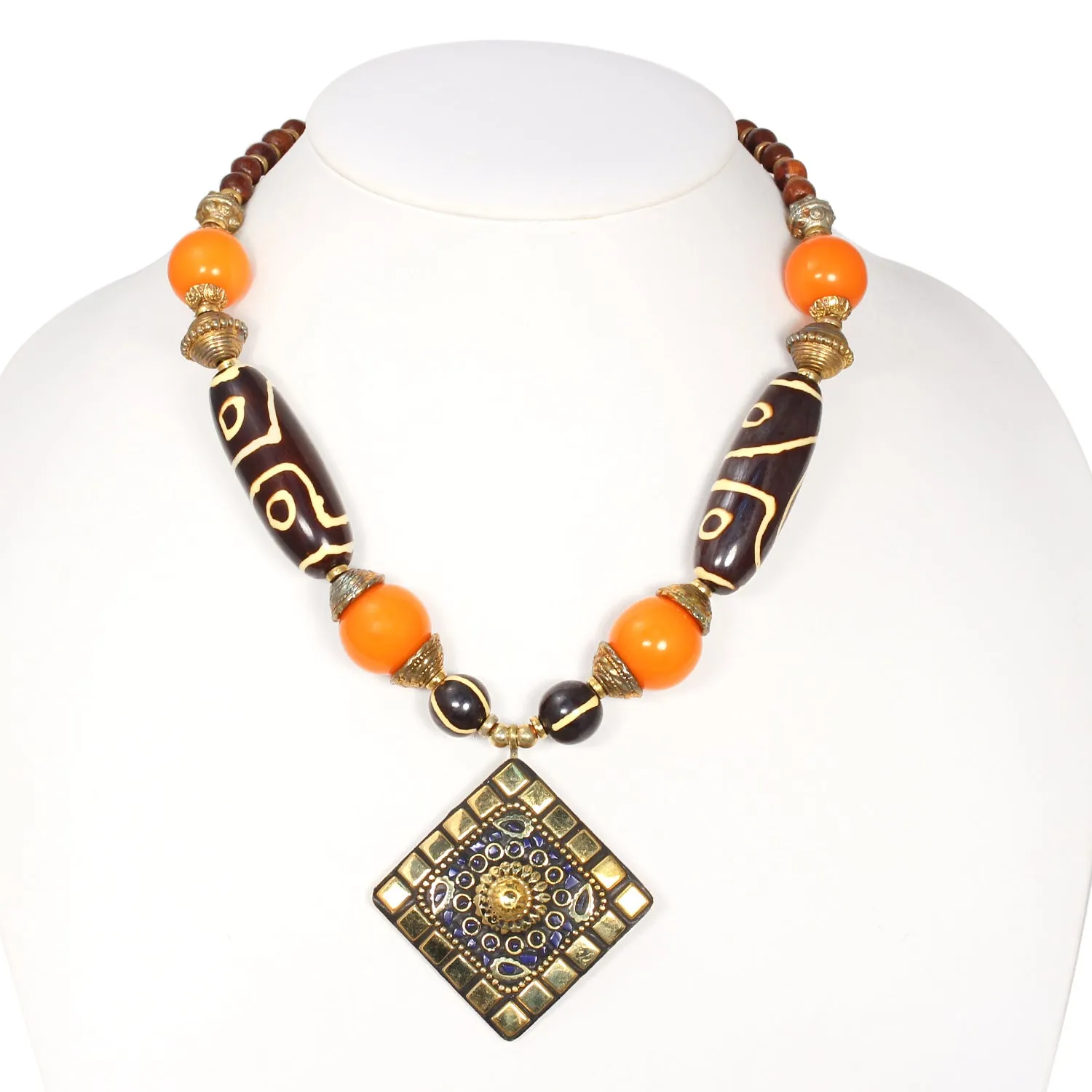 GOLD BROWN AND ORANGE BEADS GOLD PENDANT NECKLACE #FWNK-1805-151