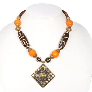 GOLD BROWN AND ORANGE BEADS GOLD PENDANT NECKLACE #FWNK-1805-151