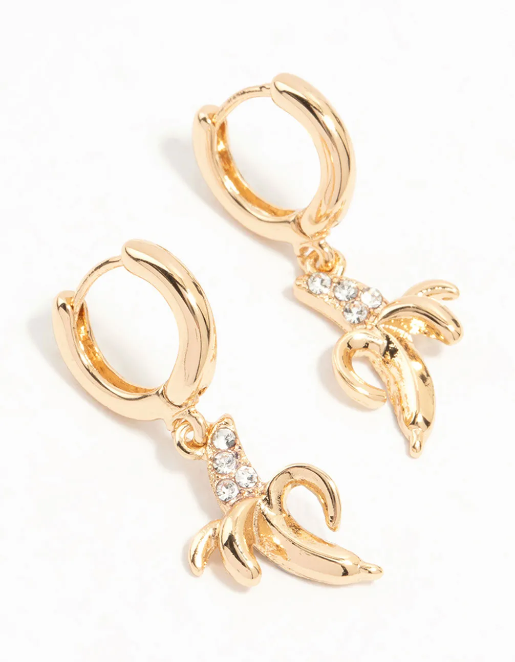 Gold Diamante Banana Drop Huggie Earrings