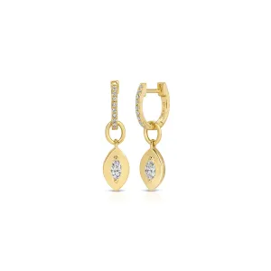 Gold Frame Marquise Diamond Huggie Charm on Diamond Mini Huggie Earring
