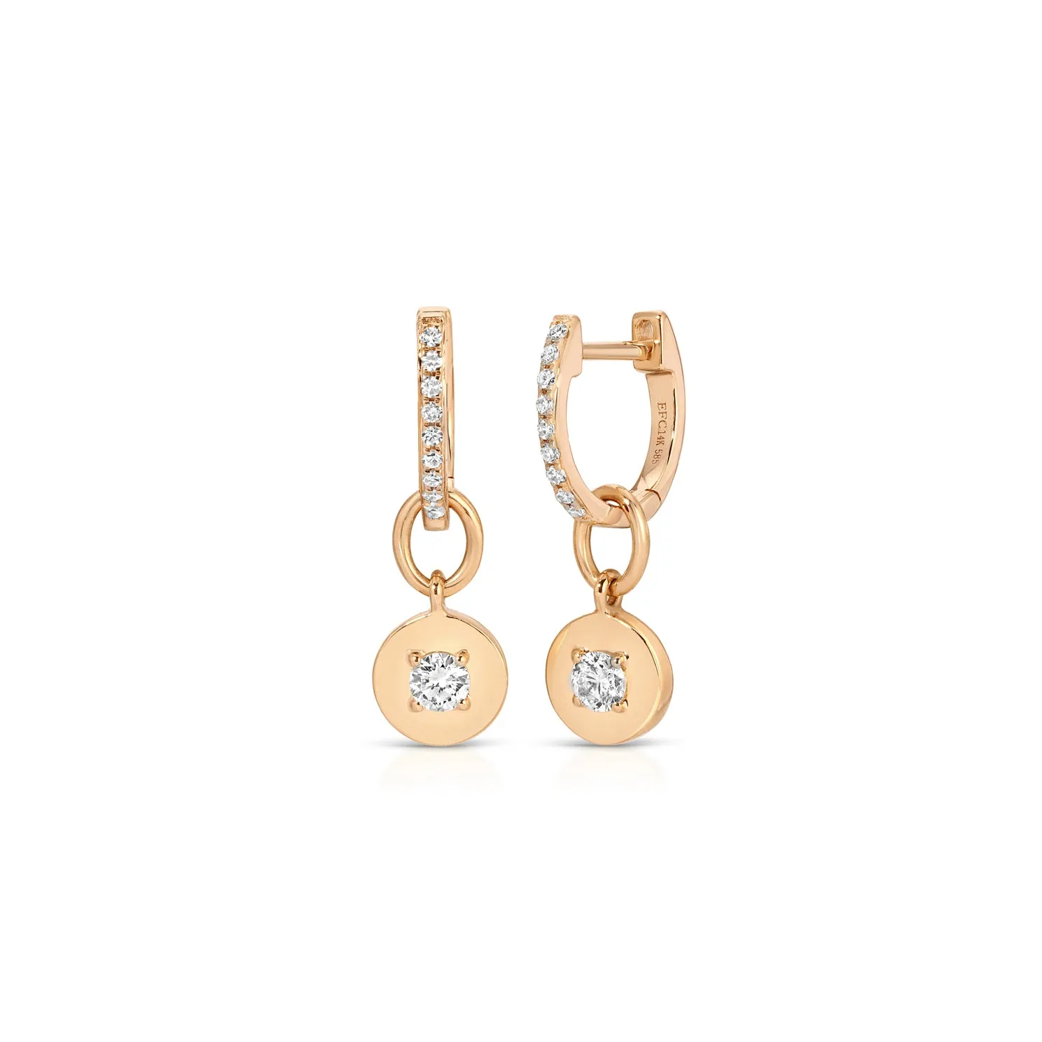 Gold Frame Round Diamond Huggie Charm on Diamond Mini Huggie Earring