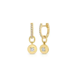 Gold Frame Round Diamond Huggie Charm on Diamond Mini Huggie Earring