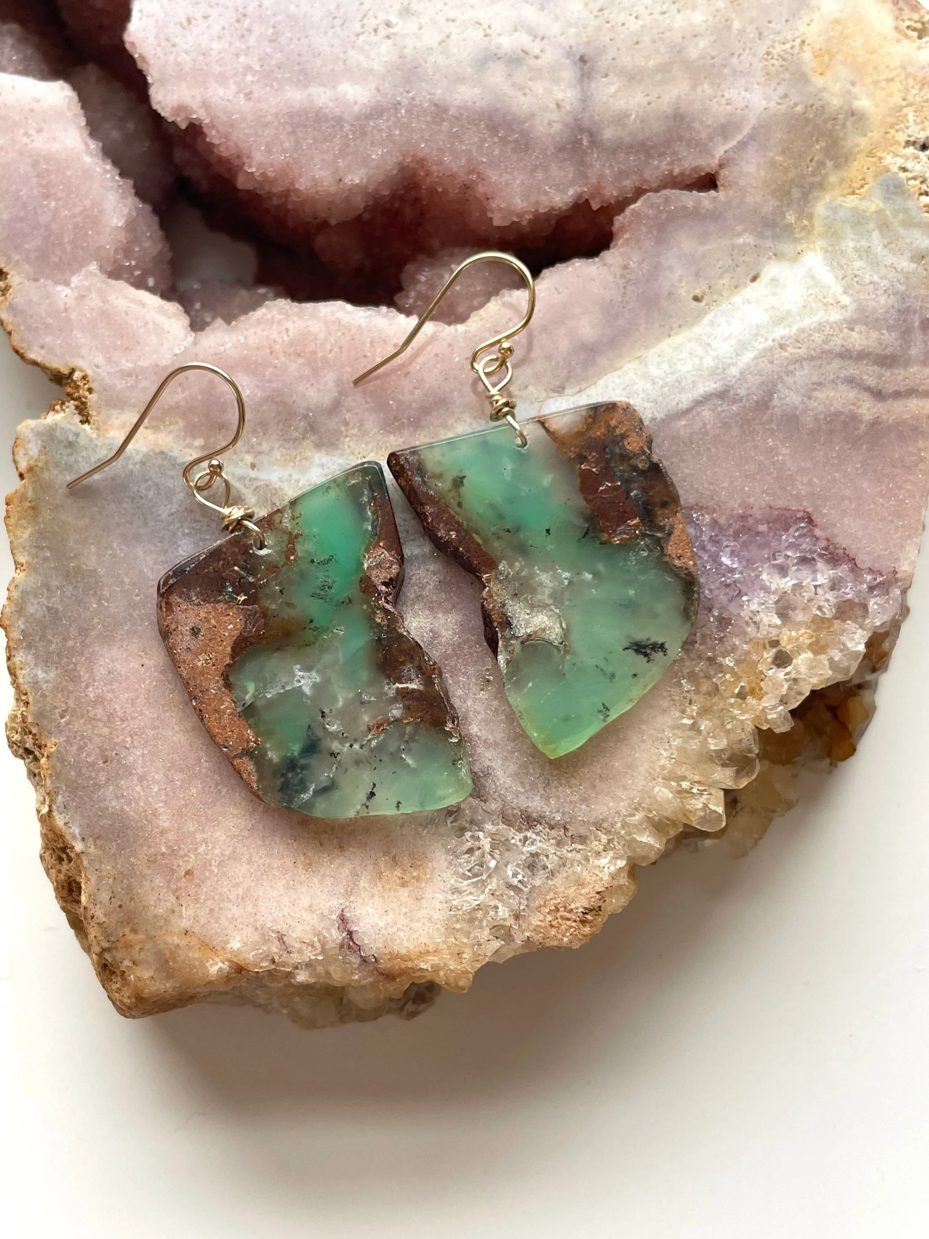 Green Chrysoprase Gold Filled Statement Crystal Gemstone Earrings