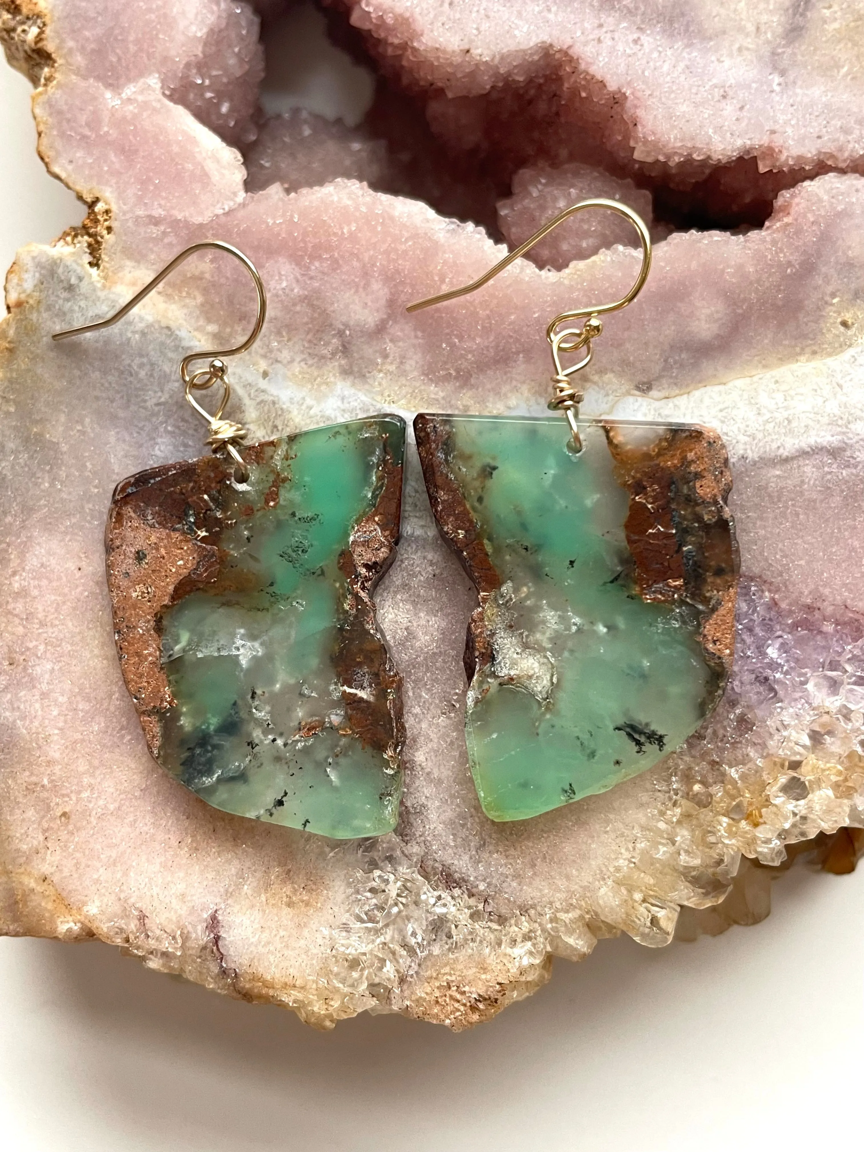 Green Chrysoprase Gold Filled Statement Crystal Gemstone Earrings