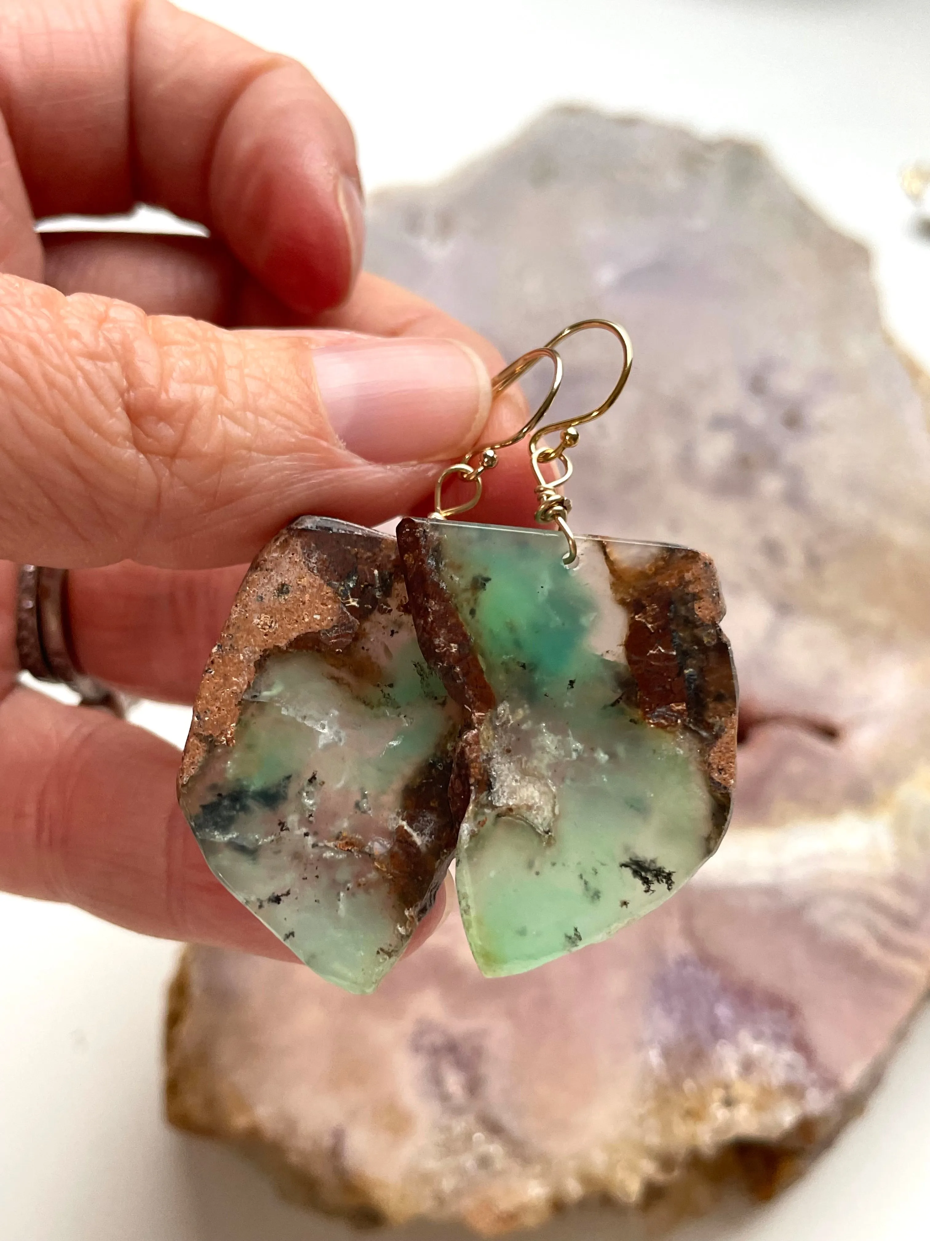 Green Chrysoprase Gold Filled Statement Crystal Gemstone Earrings