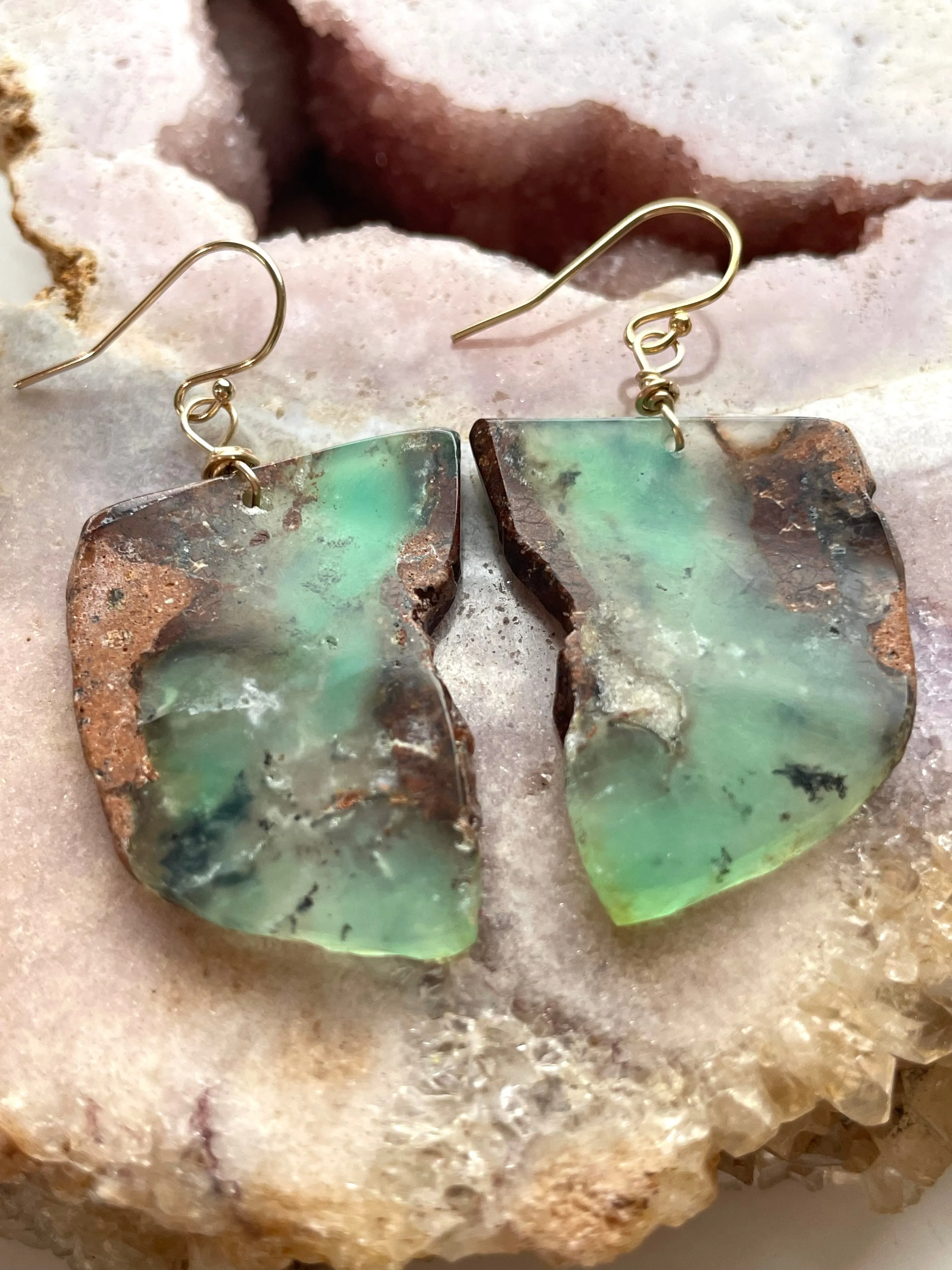 Green Chrysoprase Gold Filled Statement Crystal Gemstone Earrings