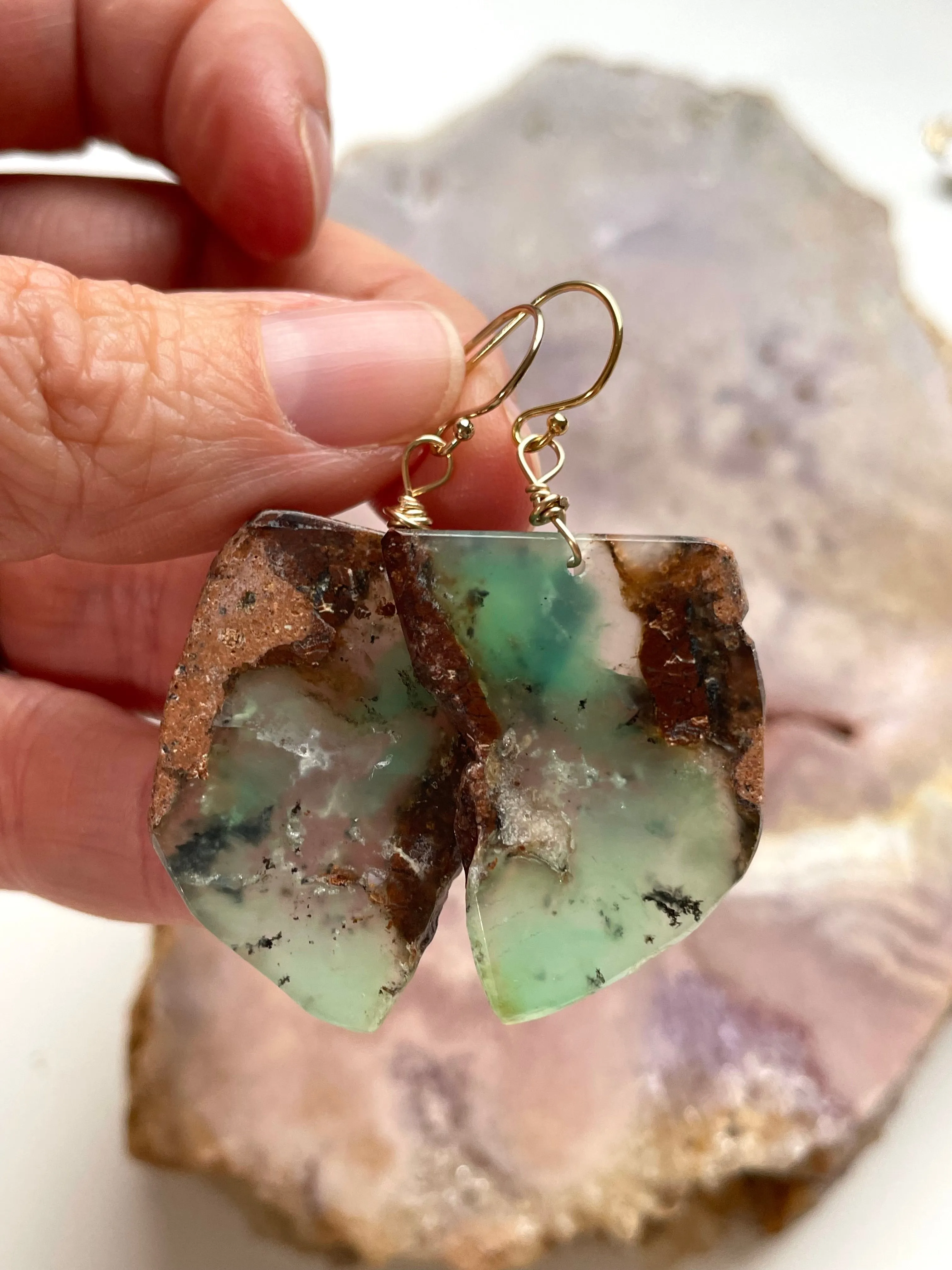 Green Chrysoprase Gold Filled Statement Crystal Gemstone Earrings
