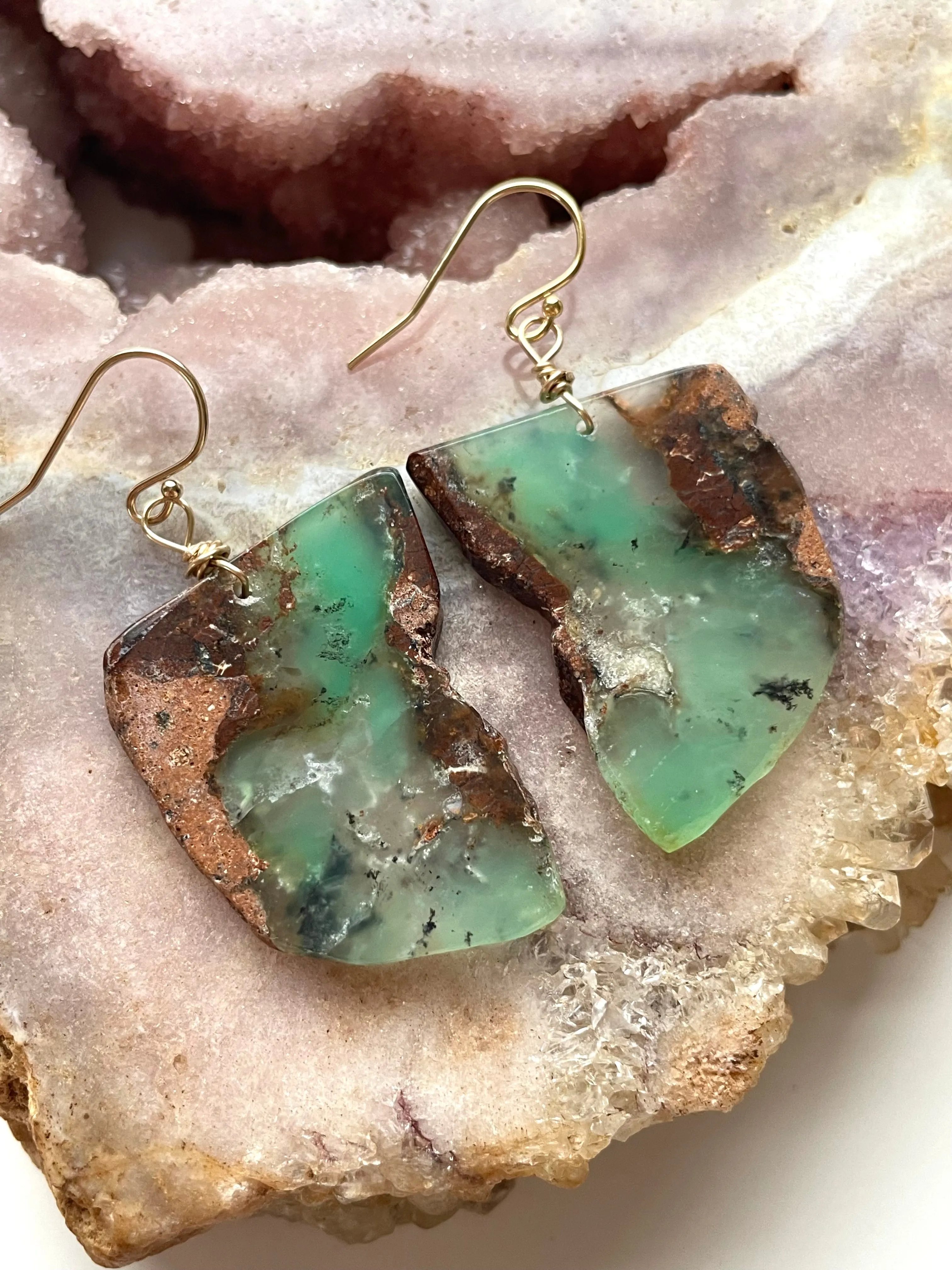 Green Chrysoprase Gold Filled Statement Crystal Gemstone Earrings
