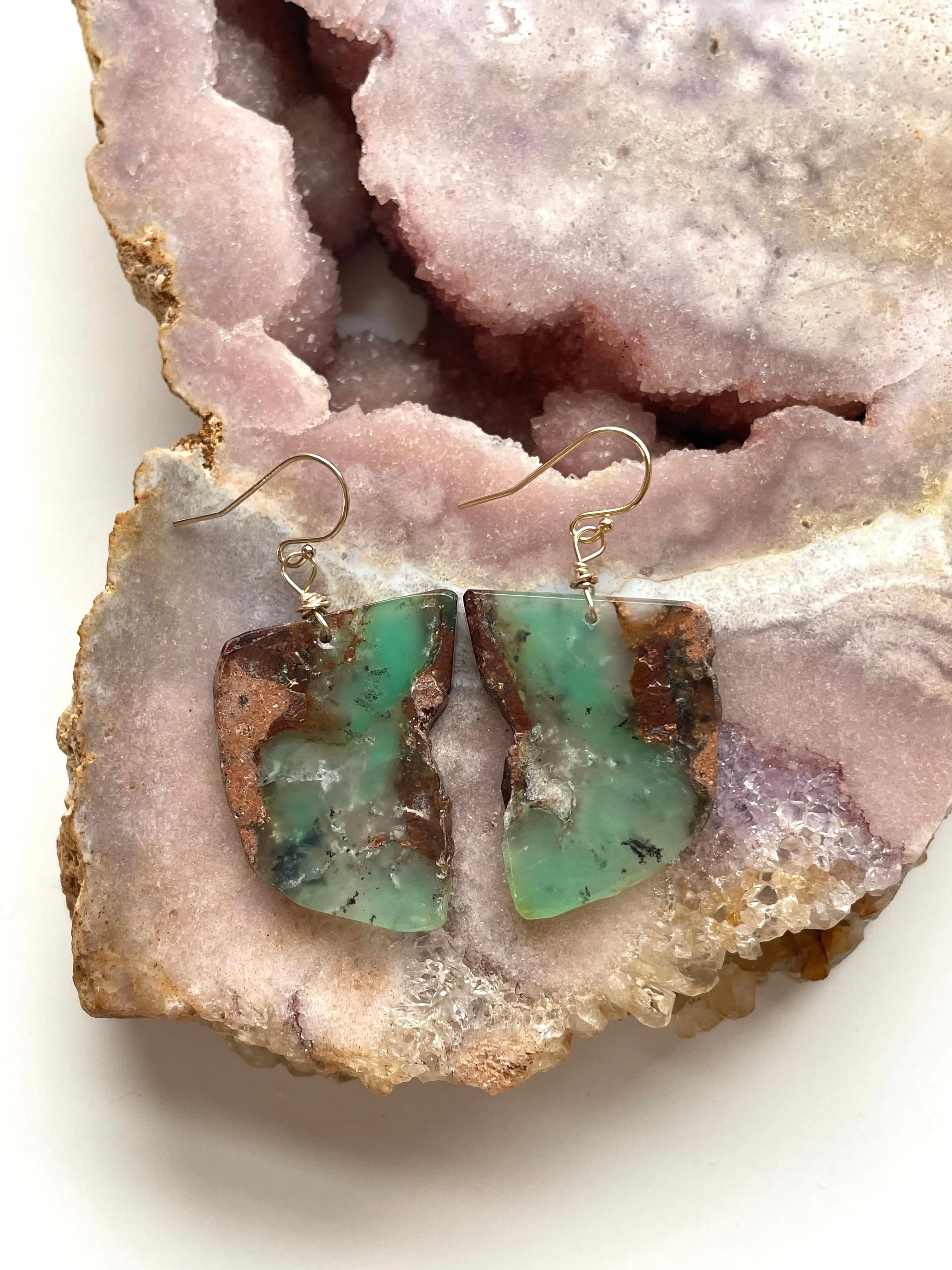 Green Chrysoprase Gold Filled Statement Crystal Gemstone Earrings
