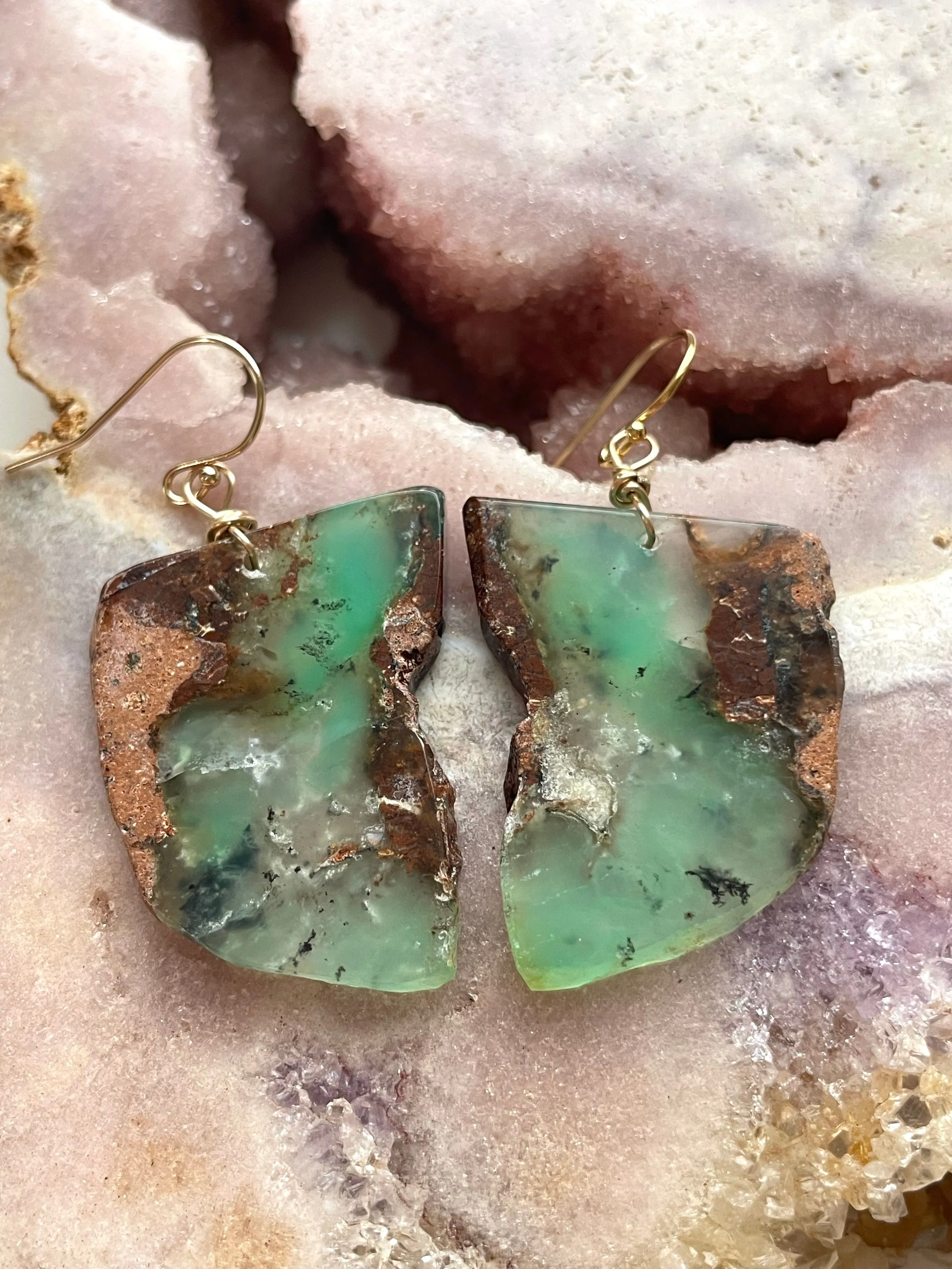 Green Chrysoprase Gold Filled Statement Crystal Gemstone Earrings