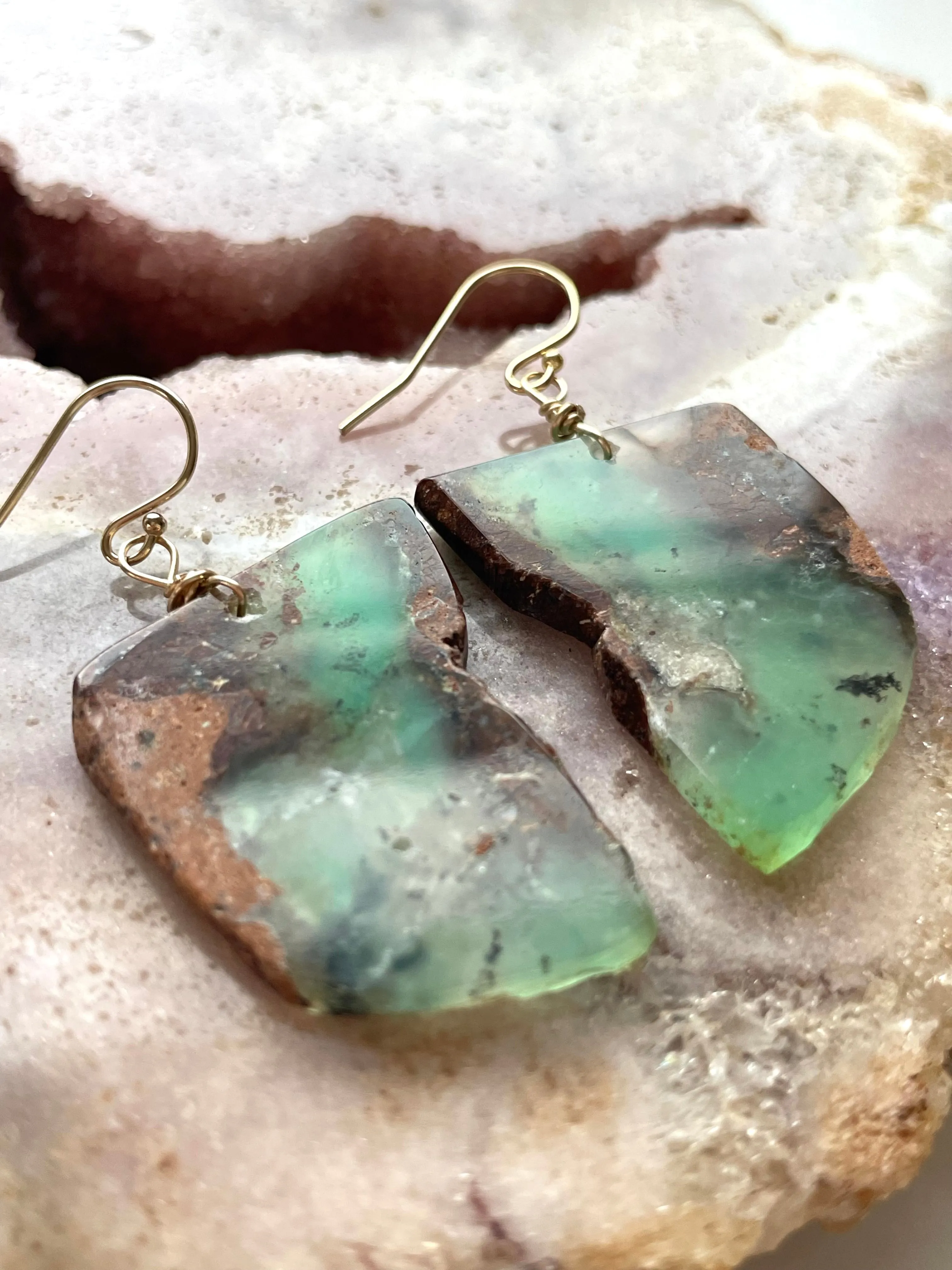 Green Chrysoprase Gold Filled Statement Crystal Gemstone Earrings
