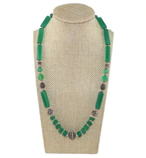 Green Onyx Boho Style Necklace with Sterling Silver Beads