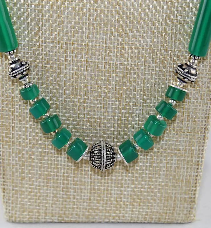 Green Onyx Boho Style Necklace with Sterling Silver Beads