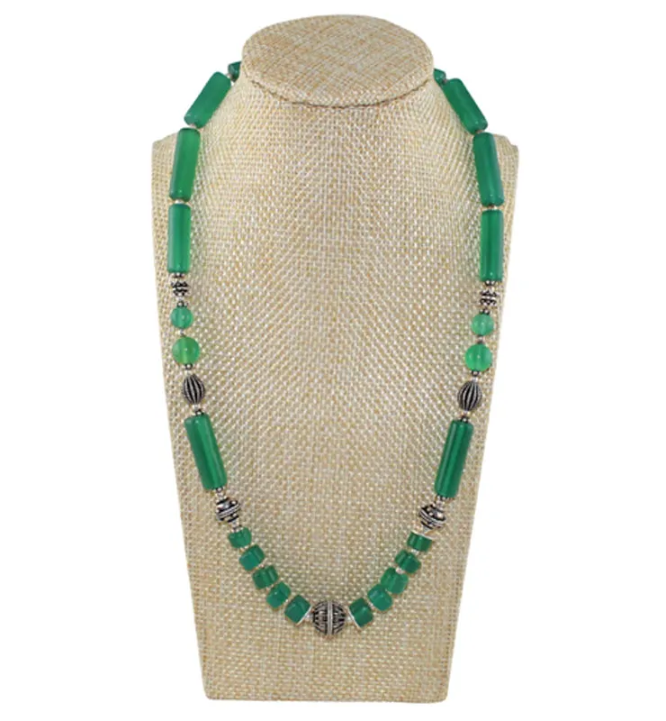 Green Onyx Boho Style Necklace with Sterling Silver Beads