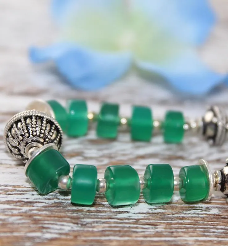 Green Onyx Boho Style Necklace with Sterling Silver Beads