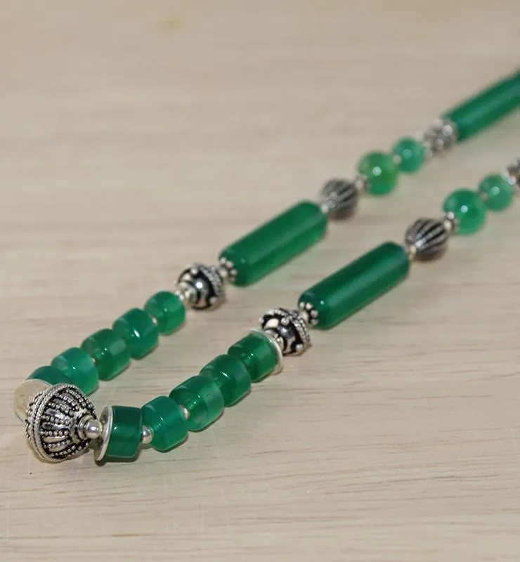Green Onyx Boho Style Necklace with Sterling Silver Beads