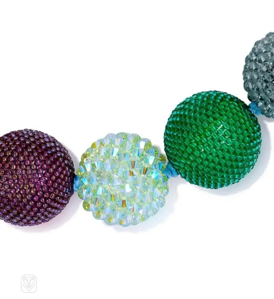 Green, plum luster, bronze and purple glass and crystal beaded necklace