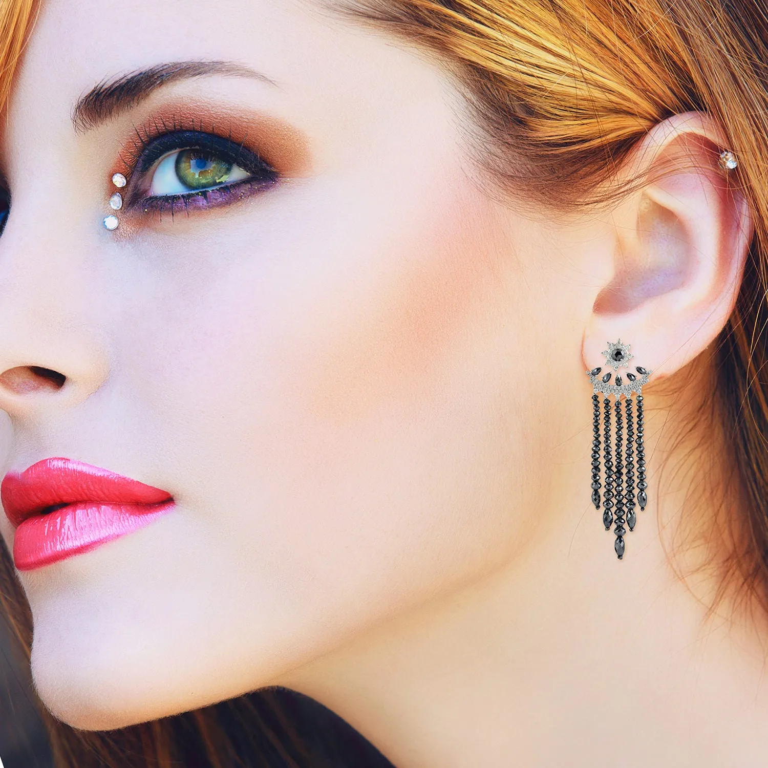 Handmade Diamond Bead Chandelier Ear Jacket Earrings 18K White Gold Jewelry