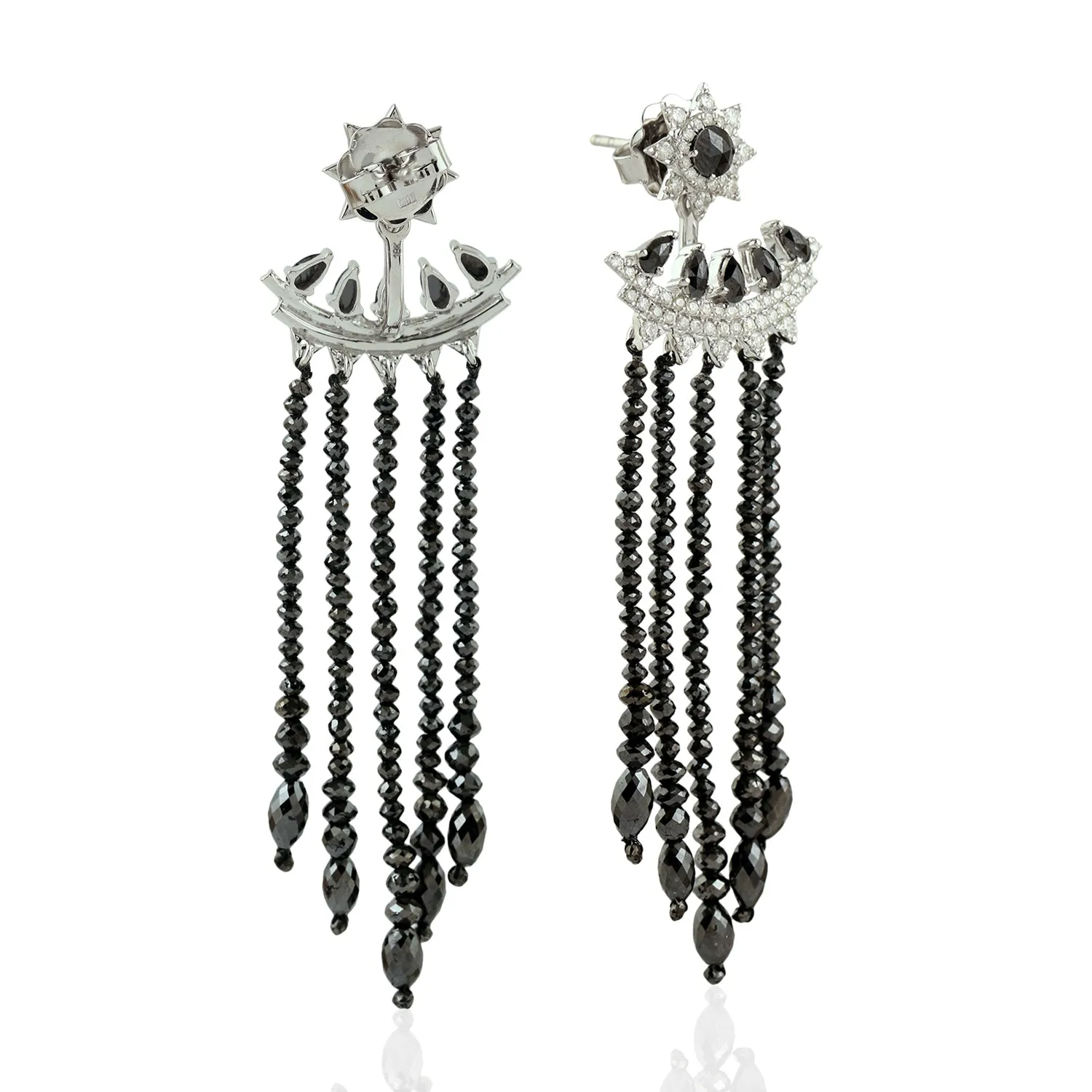 Handmade Diamond Bead Chandelier Ear Jacket Earrings 18K White Gold Jewelry