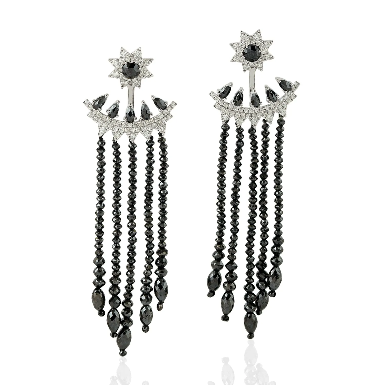 Handmade Diamond Bead Chandelier Ear Jacket Earrings 18K White Gold Jewelry