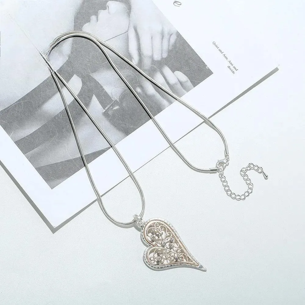 Hollow Heart Long Neck Pendants with Beads Chains Suspension Necklace Costume Jewelry for Women