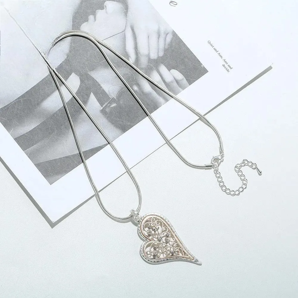 Hollow Heart Long Neck Pendants with Beads Chains Suspension Necklace Costume Jewelry for Women