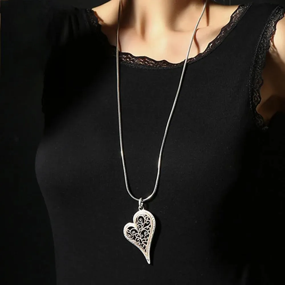 Hollow Heart Long Neck Pendants with Beads Chains Suspension Necklace Costume Jewelry for Women