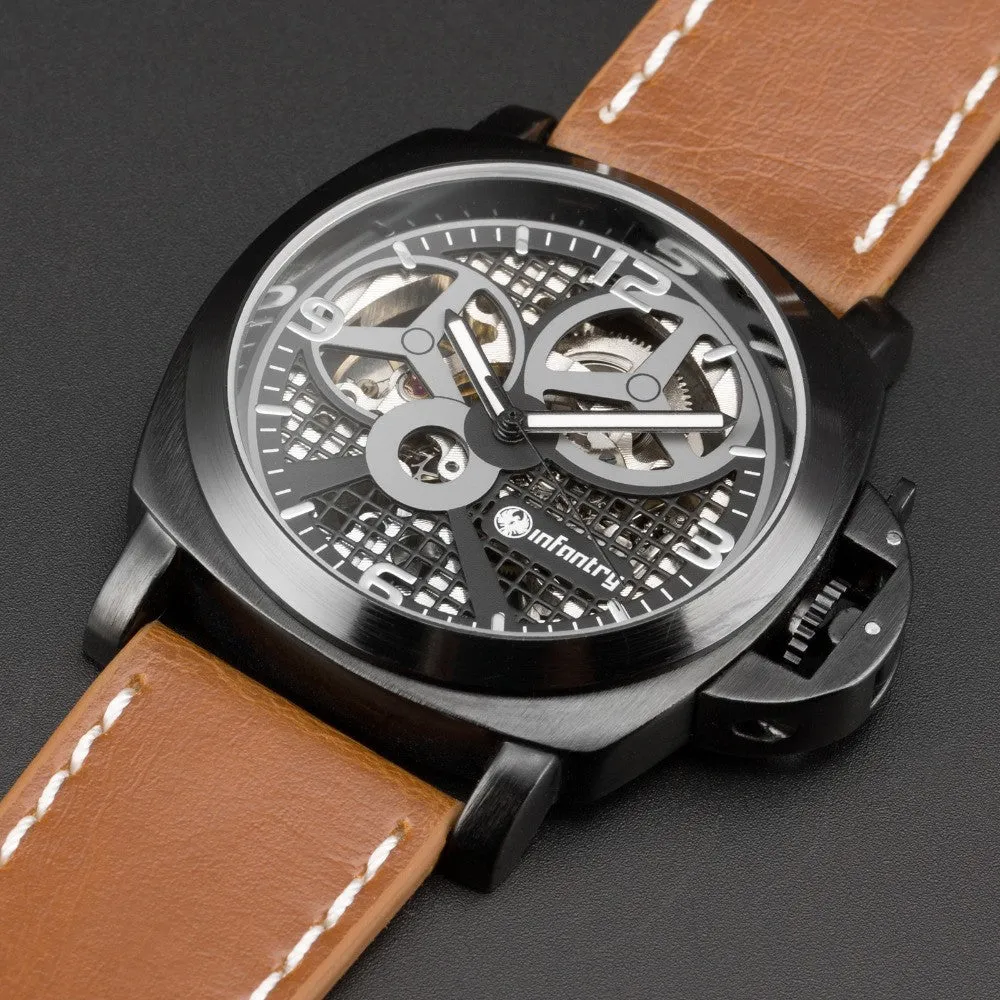 INFANTRY Men's Watches Brand Military Army Wristwatches Brown Leather Hand Winding Mechanical Skeleton New Relogio Masculino