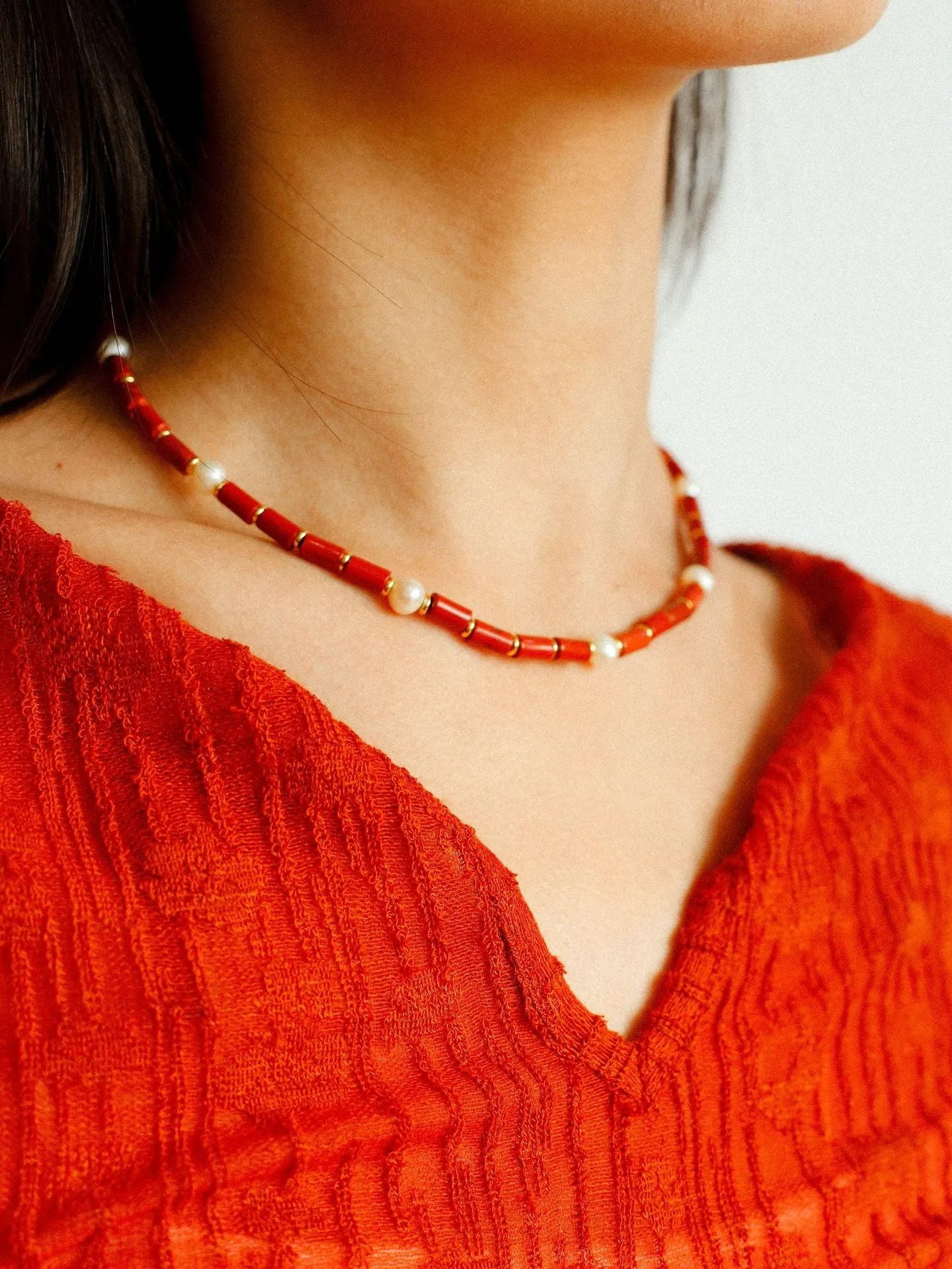 Joyful Red Stone and Pearl Beaded Necklace C Style