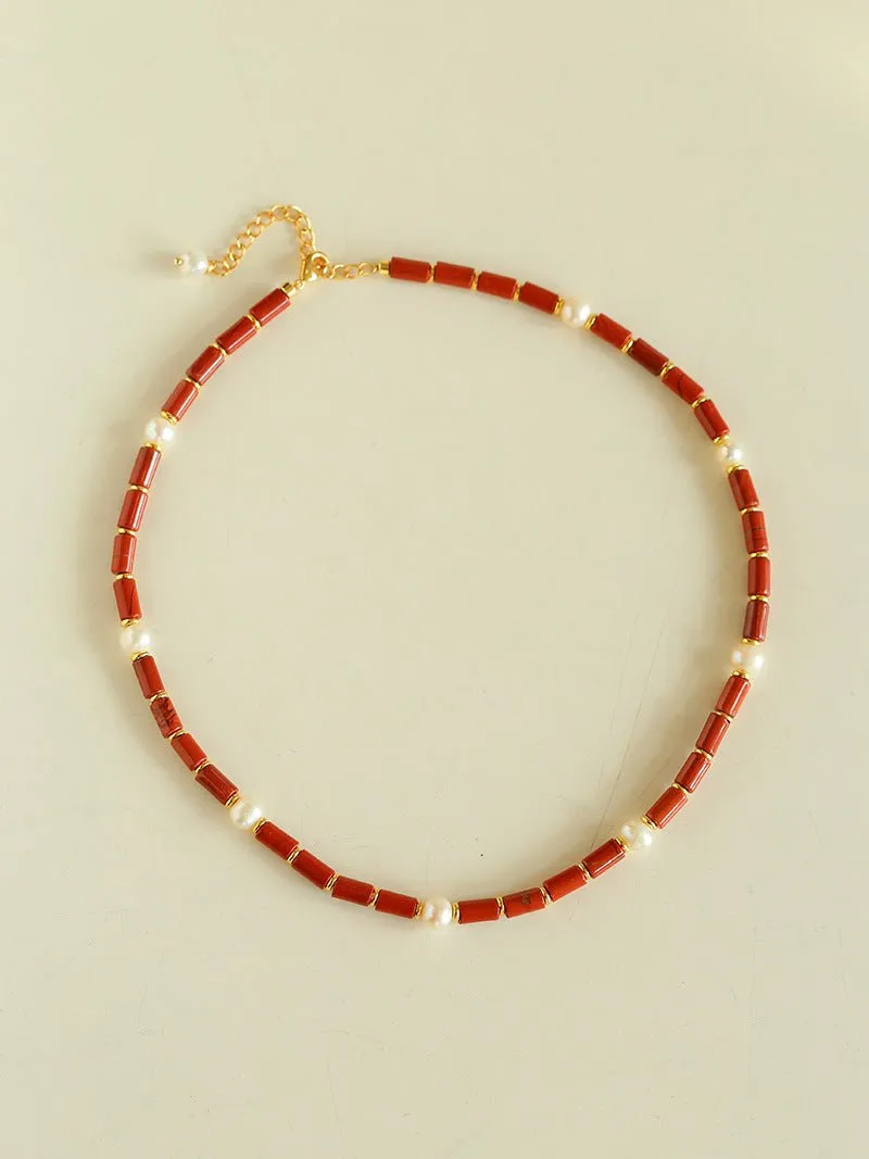 Joyful Red Stone and Pearl Beaded Necklace C Style