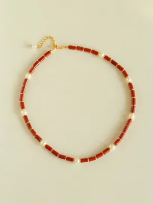 Joyful Red Stone and Pearl Beaded Necklace C Style