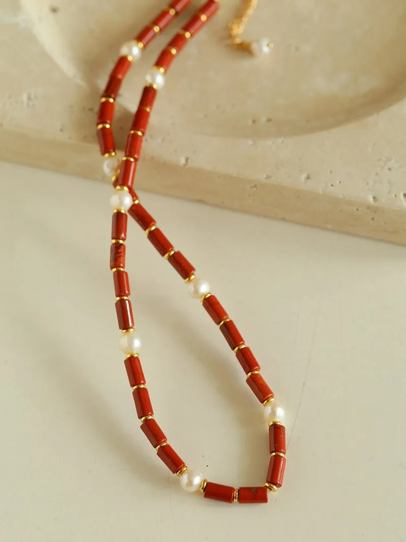 Joyful Red Stone and Pearl Beaded Necklace C Style