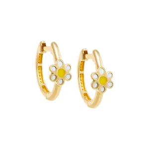 Kids White & Yellow Enamel Flower Huggie Earring 14K
