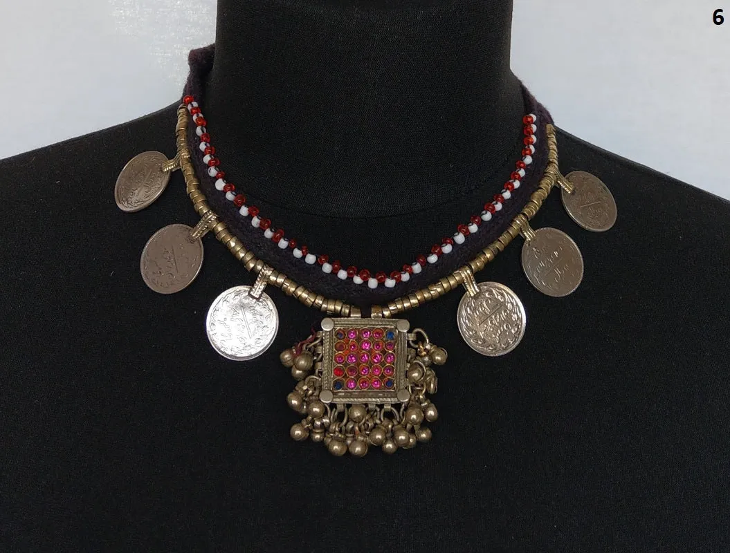 Kuchi tribal coin choker necklace with large pendant