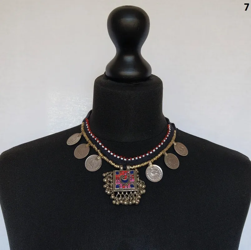 Kuchi tribal coin choker necklace with large pendant