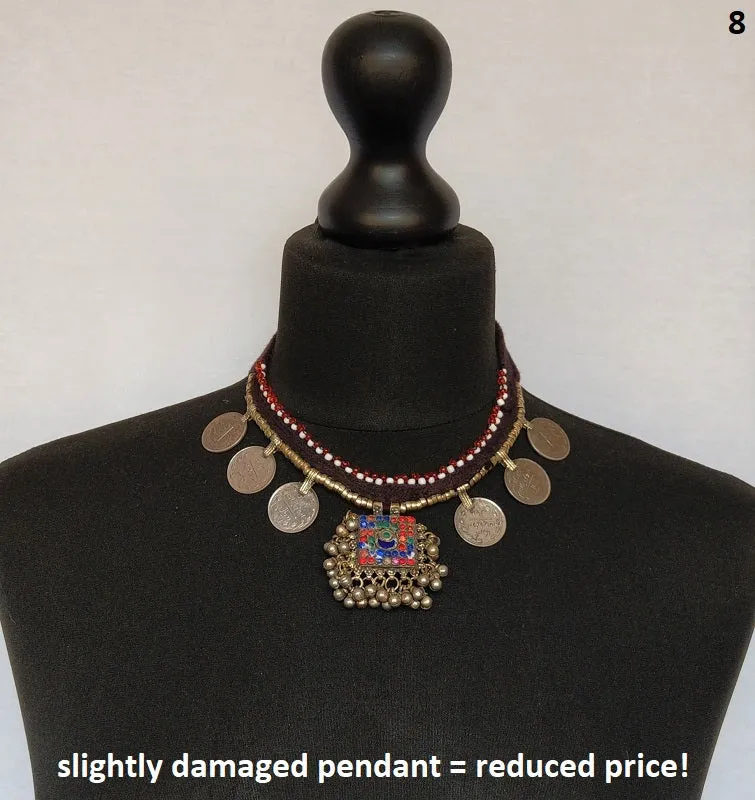 Kuchi tribal coin choker necklace with large pendant