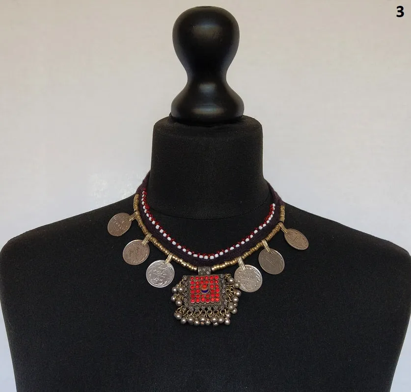 Kuchi tribal coin choker necklace with large pendant