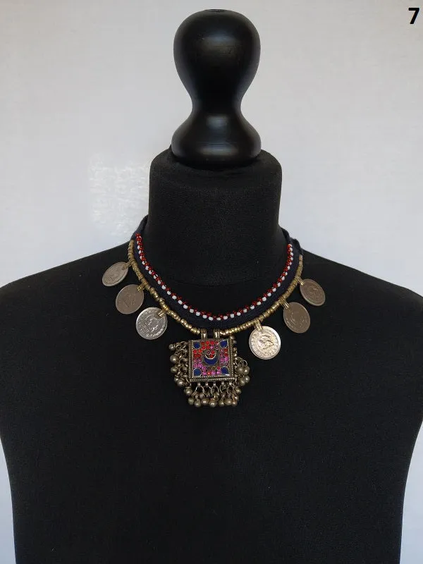 Kuchi tribal coin choker necklace with large pendant