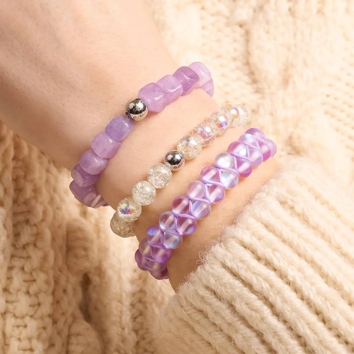 Lavender and White | Silver | Double Mermaid Glass Bracelet