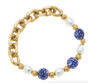 Loraine Chinoiserie & Pearl Beaded Necklace - Blue & White