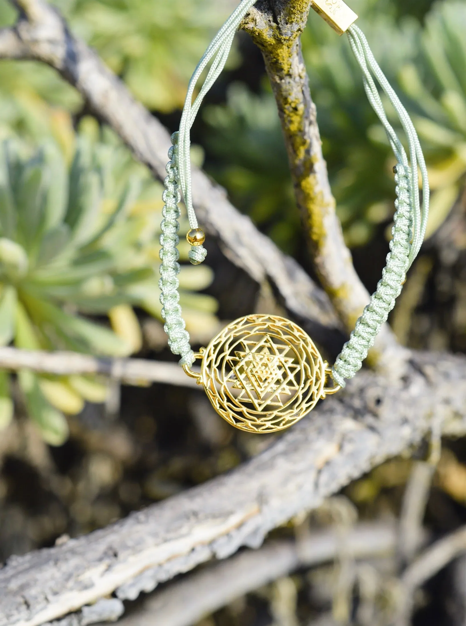 Luck and Prosperity Sri Yantra Friendship Bracelet, White Rhodium, Sage Green, One Size