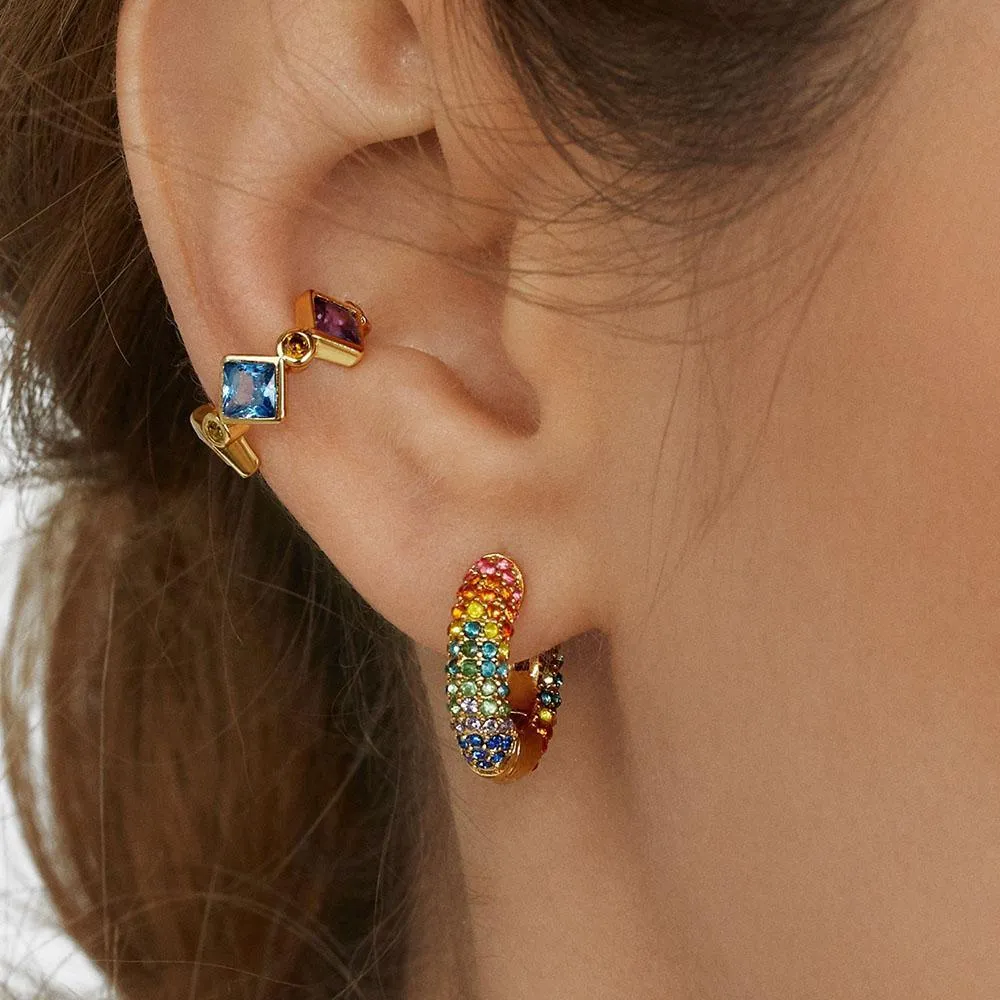 Luxury Rainbow Earrings Cubic Zirconia Ear Cuff Set for Women Trendy Gold Huggie Clip on Earrings Earcuff In  Crystal Jewelry Style