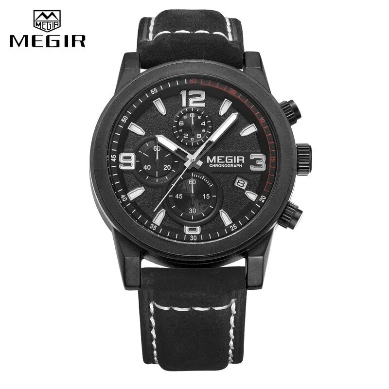 MEGIR Fashion Watch Top Brand Men Quartz Sport Chronograph Watches Mens Casual Waterproof Army Leather Clock Relogio Masculino