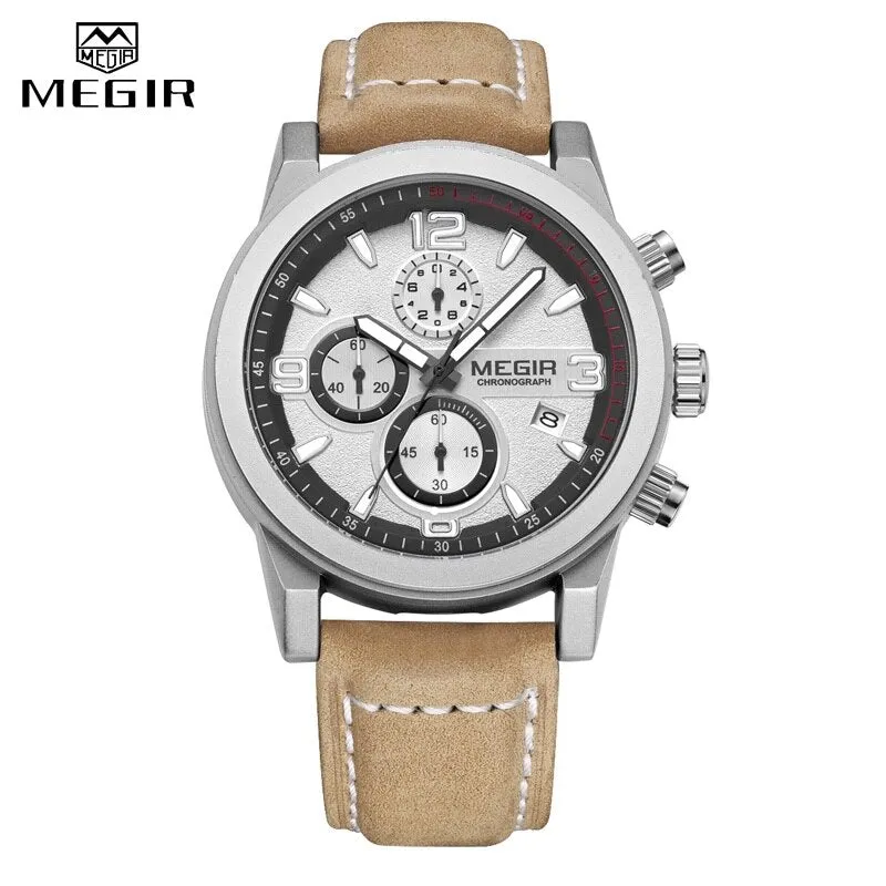MEGIR Fashion Watch Top Brand Men Quartz Sport Chronograph Watches Mens Casual Waterproof Army Leather Clock Relogio Masculino